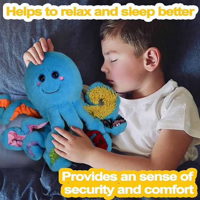 Octopus cuddly toy with 8 textured tentacles – sensory toy for babies and children