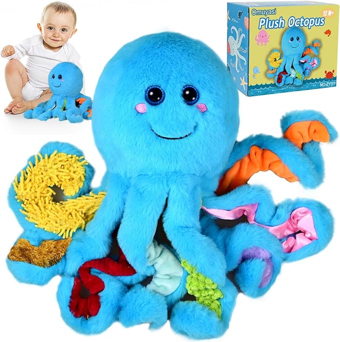 Octopus cuddly toy with 8 textured tentacles – sensory toy for babies and children