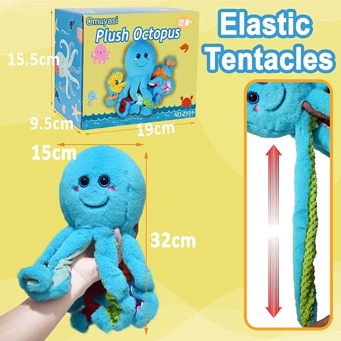 Octopus cuddly toy with 8 textured tentacles – sensory toy for babies and children