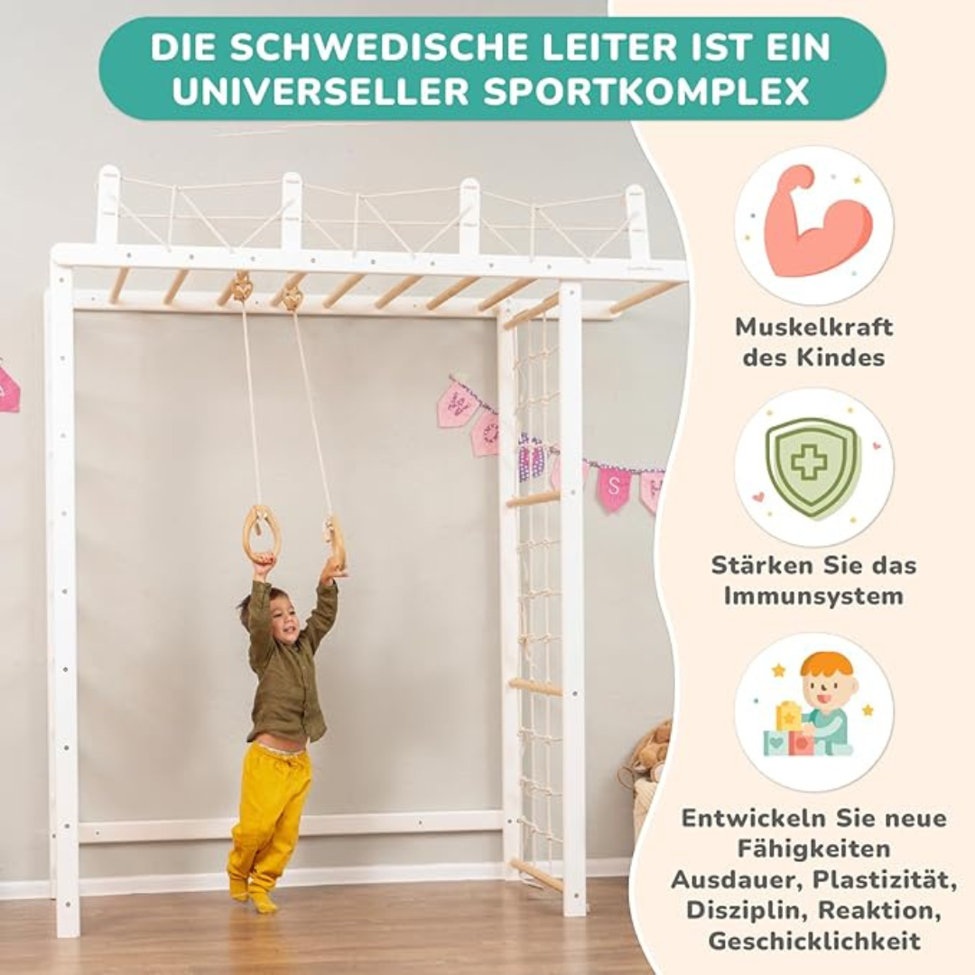Elegantes WoodandHearts Indoor Klettergerüst - Schwedische Leiter in Weiß und Naturholz mit Gymnastikringen