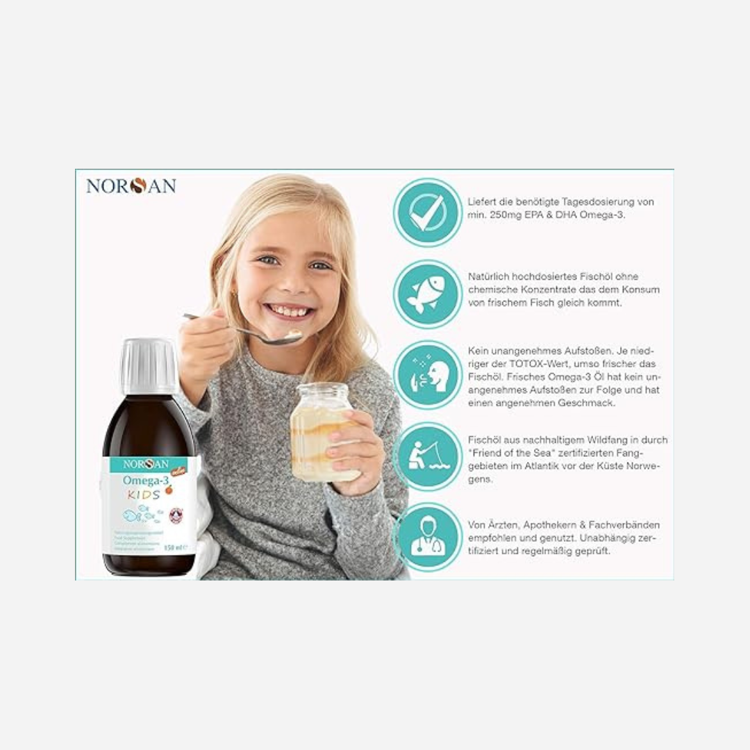 Kinder - NORSAN Omega-3 FISK Fischöl 150ml – Hochdosiertes Omega-3 Öl mit 1.030mg DHA & EPA pro Portion, Orangengeschmack