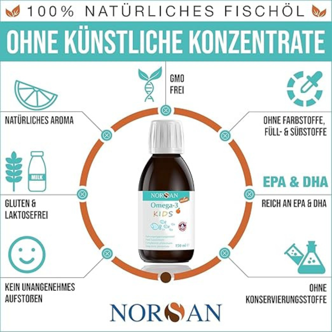 Kinder - NORSAN Omega-3 FISK Fischöl 150ml – Hochdosiertes Omega-3 Öl mit 1.030mg DHA & EPA pro Portion, Orangengeschmack