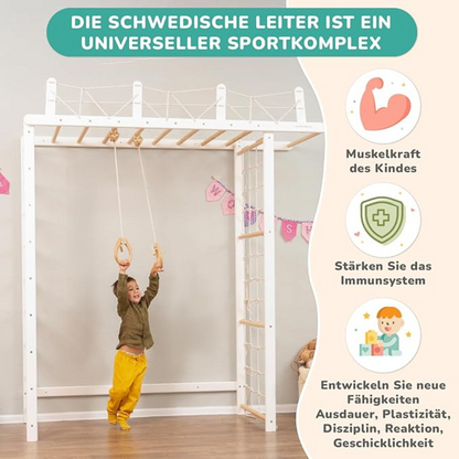 Elegantes WoodandHearts Indoor Klettergerüst - Schwedische Leiter in Weiß und Naturholz mit Gymnastikringen