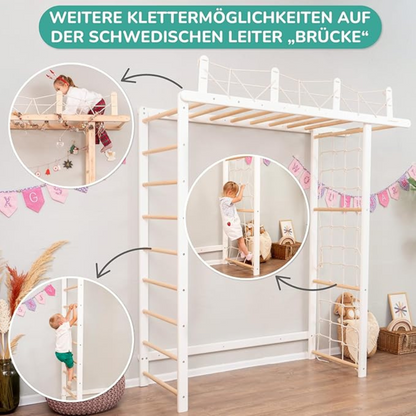 Elegantes WoodandHearts Indoor Klettergerüst - Schwedische Leiter in Weiß und Naturholz mit Gymnastikringen