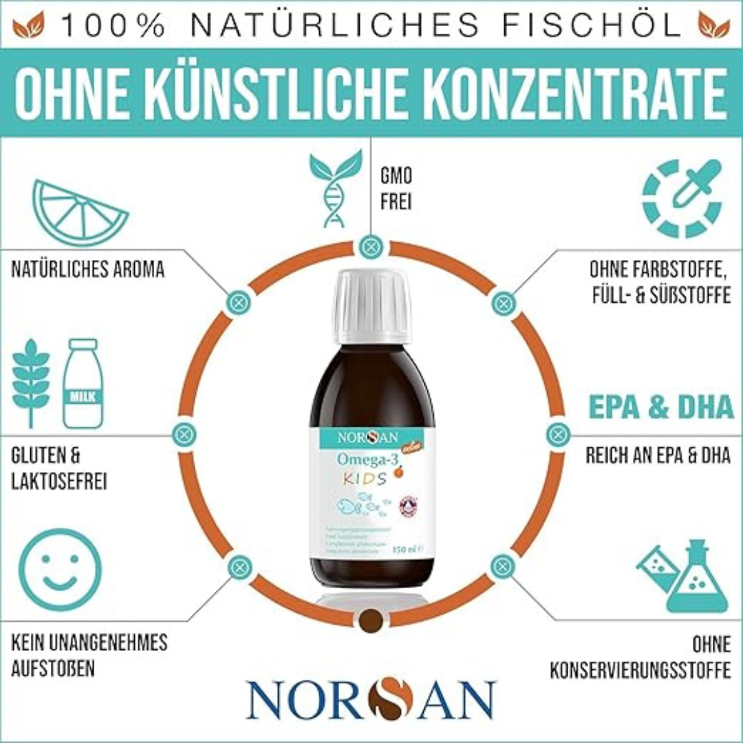 Kinder - NORSAN Omega-3 FISK Fischöl  150ml – Hochdosiertes Omega-3 Öl mit 1.030mg DHA & EPA pro Portion, Orangengeschmack